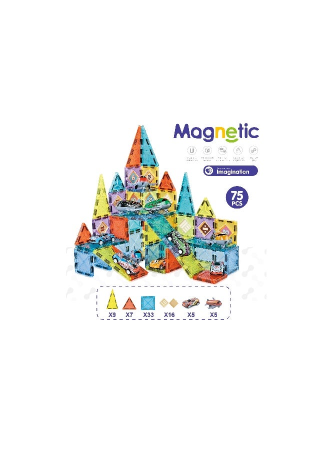 Magni Mates 75 PCS Magnetic DIY Blocks Set 5.5cm – Colorful Magnetic Building Tiles with Mini Cars and Airplane for Kids Creative Construction STEM Learning Toy - Image 4